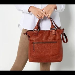 NWT American Leather Co. North/South Tote  Jamestown Tote Brandy Tooled